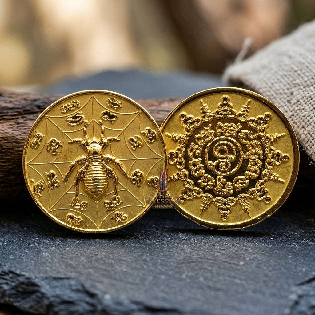Authentic Thai Sacred Maeng Mum Maha Lap Maha Setthi (Divine Wealth Spider Coin) - Gold Plated for Ultimate Money Trapping, Gambling Luck, Business Prosperity & Protection
