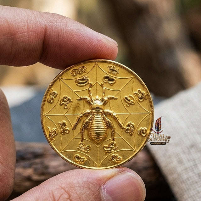 Authentic Thai Sacred Maeng Mum Maha Lap Maha Setthi (Divine Wealth Spider Coin) - Gold Plated for Ultimate Money Trapping, Gambling Luck, Business Prosperity & Protection