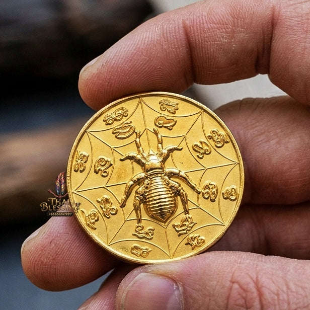 Authentic Thai Sacred Maeng Mum Maha Lap Maha Setthi (Divine Wealth Spider Coin) - Gold Plated for Ultimate Money Trapping, Gambling Luck, Business Prosperity & Protection