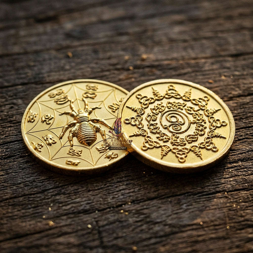 Authentic Thai Sacred Maeng Mum Maha Lap Maha Setthi (Divine Wealth Spider Coin) - Gold Plated for Ultimate Money Trapping, Gambling Luck, Business Prosperity & Protection