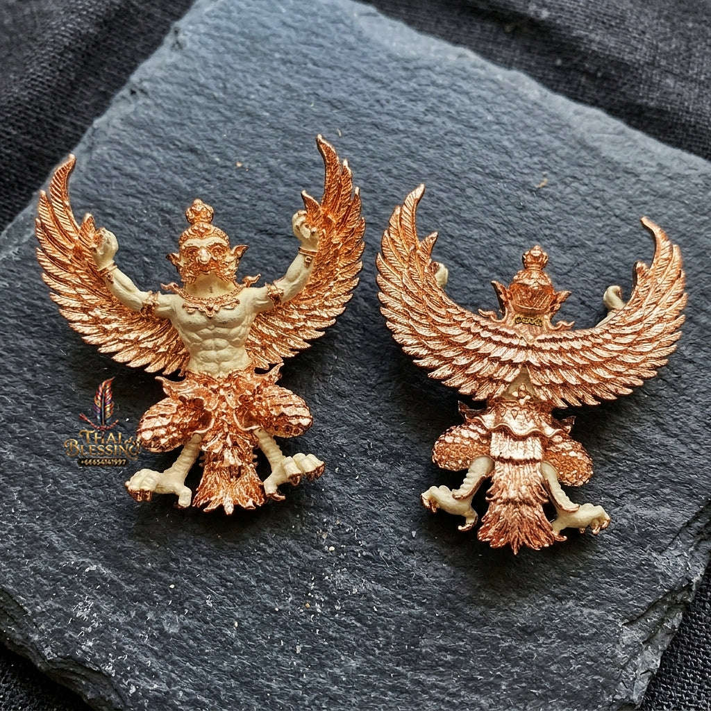 Authentic Thai Sacred Maha Phaya Krut (Garuda Power Statue) - 2K Silver & Pink Gold Plated Bronze Edition (Yot Ariya Sap Model) for Ultimate Power, Prestige & Wealth Attraction Thai Blessing Co By RURUECHA