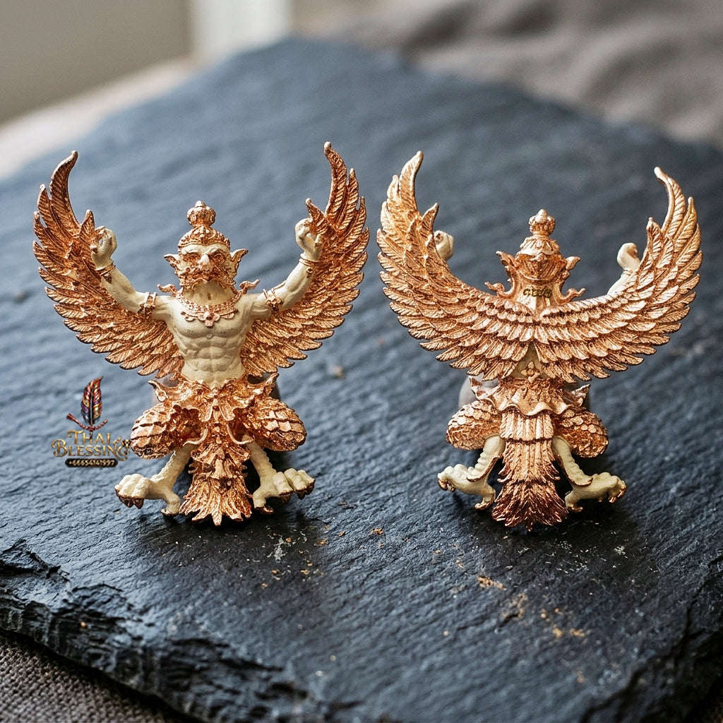 Authentic Thai Sacred Maha Phaya Krut (Garuda Power Statue) - 2K Silver & Pink Gold Plated Bronze Edition (Yot Ariya Sap Model) for Ultimate Power, Prestige & Wealth Attraction Thai Blessing Co By RURUECHA