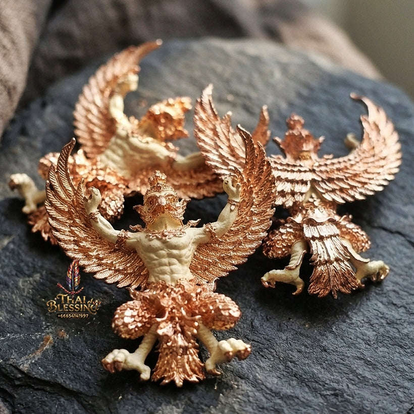 Authentic Thai Sacred Maha Phaya Krut (Garuda Power Statue) - 2K Silver & Pink Gold Plated Bronze Edition (Yot Ariya Sap Model) for Ultimate Power, Prestige & Wealth Attraction Thai Blessing Co By RURUECHA