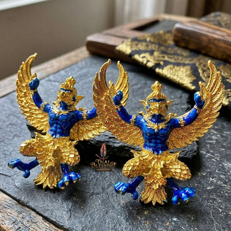 Authentic Thai Sacred Maha Phaya Krut (Garuda Power Statue) - Gold Plated with Blue Enamel Edition (Yot Ariya Sap Model) for Ultimate Power, Prestige & Wealth Attraction Thai Blessing Co By RURUECHA