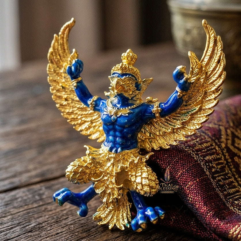Authentic Thai Sacred Maha Phaya Krut (Garuda Power Statue) - Gold Plated with Blue Enamel Edition (Yot Ariya Sap Model) for Ultimate Power, Prestige & Wealth Attraction Thai Blessing Co By RURUECHA