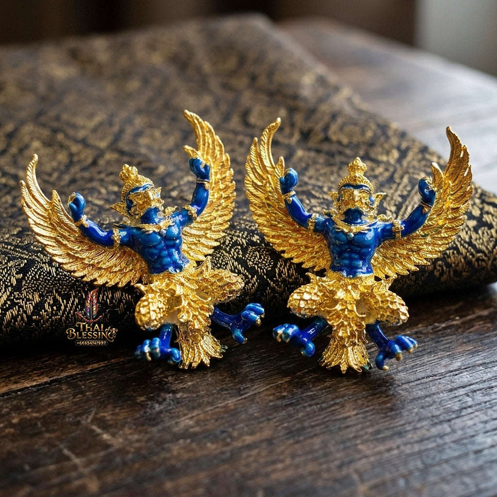 Authentic Thai Sacred Maha Phaya Krut (Garuda Power Statue) - Gold Plated with Blue Enamel Edition (Yot Ariya Sap Model) for Ultimate Power, Prestige & Wealth Attraction Thai Blessing Co By RURUECHA