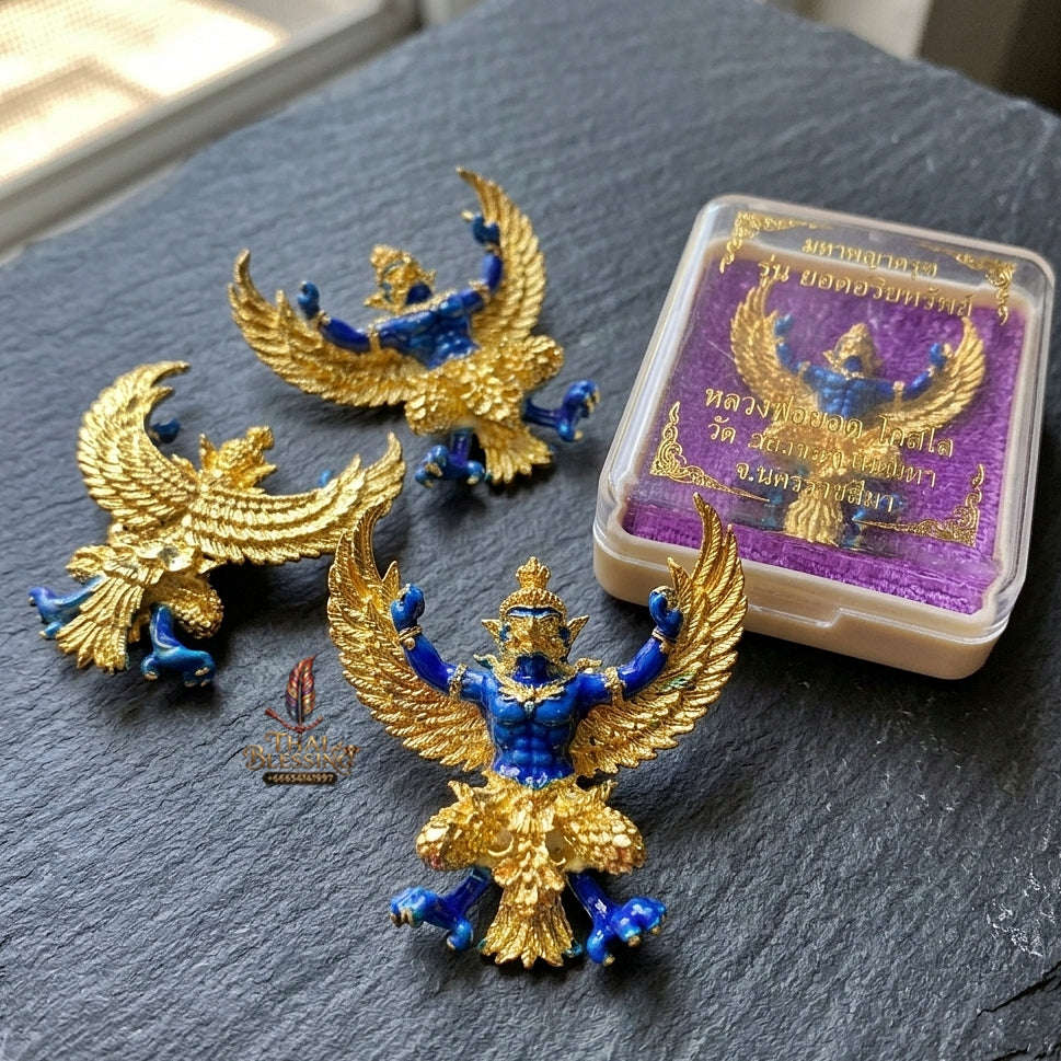 Authentic Thai Sacred Maha Phaya Krut (Garuda Power Statue) - Gold Plated with Blue Enamel Edition (Yot Ariya Sap Model) for Ultimate Power, Prestige & Wealth Attraction Thai Blessing Co By RURUECHA