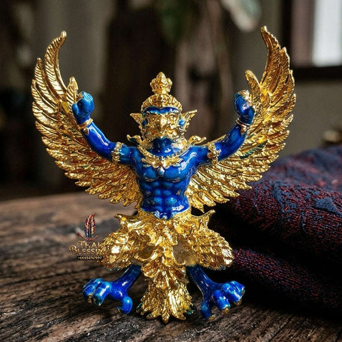 Authentic Thai Sacred Maha Phaya Krut (Garuda Power Statue) - Gold Plated with Blue Enamel Edition (Yot Ariya Sap Model) for Ultimate Power, Prestige & Wealth Attraction Thai Blessing Co By RURUECHA