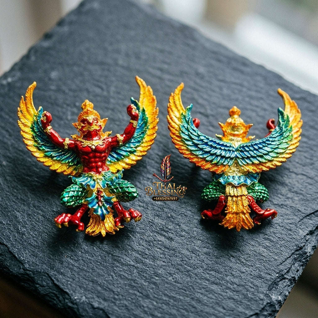 Authentic Thai Sacred Maha Phaya Krut (Garuda Power Statue) - Gold Plated with Multicolor Enamel Edition (Yot Ariya Sap Model) for Ultimate Power, Prestige & Wealth Attraction