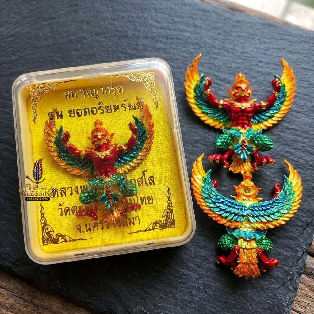Authentic Thai Sacred Maha Phaya Krut (Garuda Power Statue) - Gold Plated with Multicolor Enamel Edition (Yot Ariya Sap Model) for Ultimate Power, Prestige & Wealth Attraction