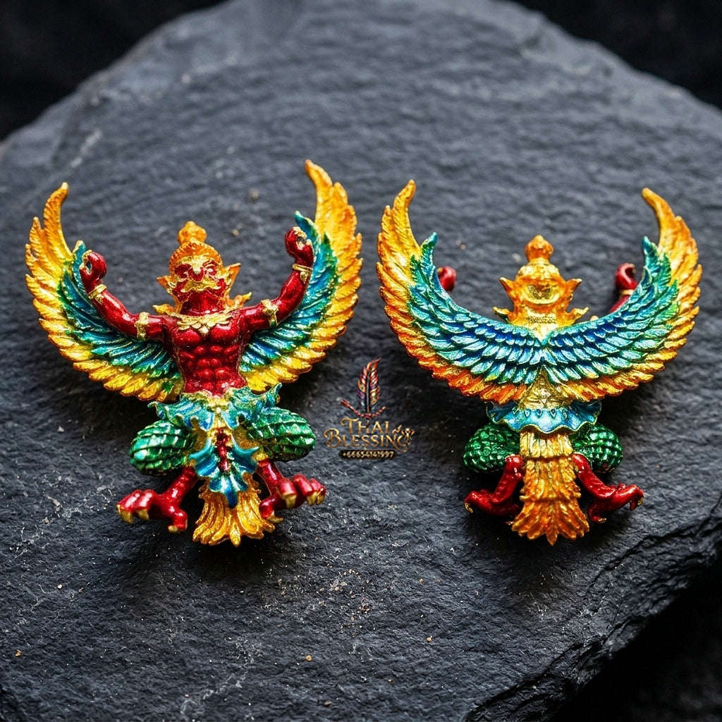 Authentic Thai Sacred Maha Phaya Krut (Garuda Power Statue) - Gold Plated with Multicolor Enamel Edition (Yot Ariya Sap Model) for Ultimate Power, Prestige & Wealth Attraction