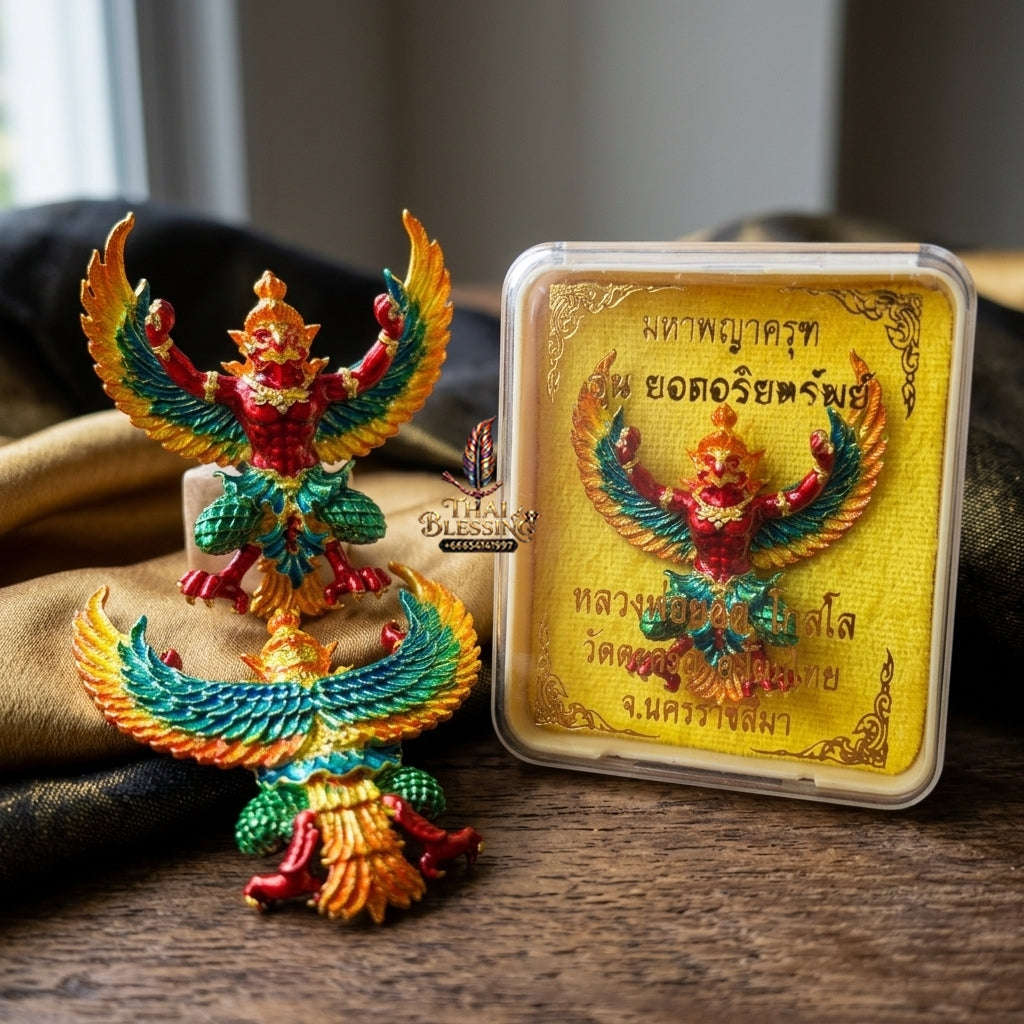 Authentic Thai Sacred Maha Phaya Krut (Garuda Power Statue) - Gold Plated with Multicolor Enamel Edition (Yot Ariya Sap Model) for Ultimate Power, Prestige & Wealth Attraction