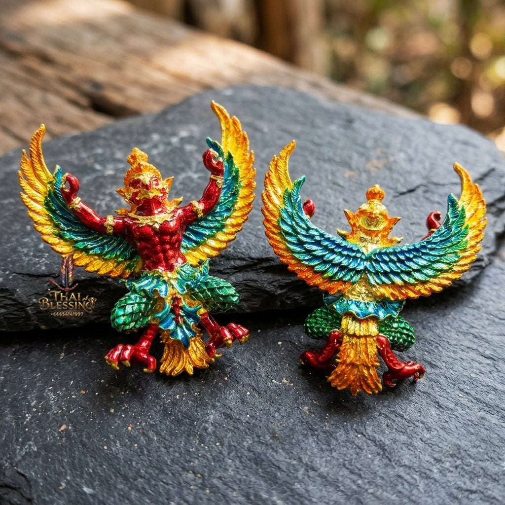 Authentic Thai Sacred Maha Phaya Krut (Garuda Power Statue) - Gold Plated with Multicolor Enamel Edition (Yot Ariya Sap Model) for Ultimate Power, Prestige & Wealth Attraction