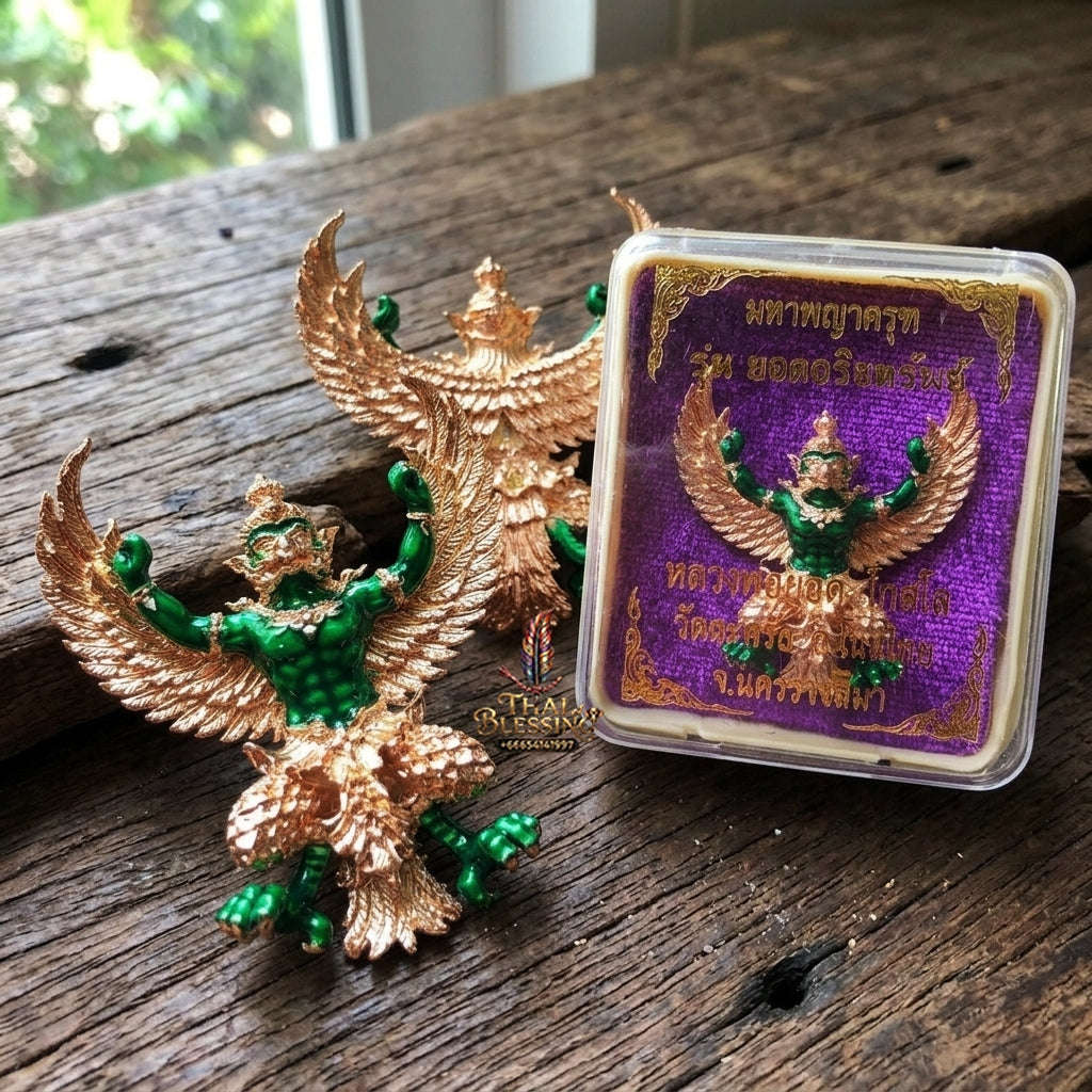 Authentic Thai Sacred Maha Phaya Krut (Garuda Power Statue) - Pink Gold Plated with Green Enamel Edition (Yot Ariya Sap Model) for Ultimate Power, Prestige & Wealth Attraction