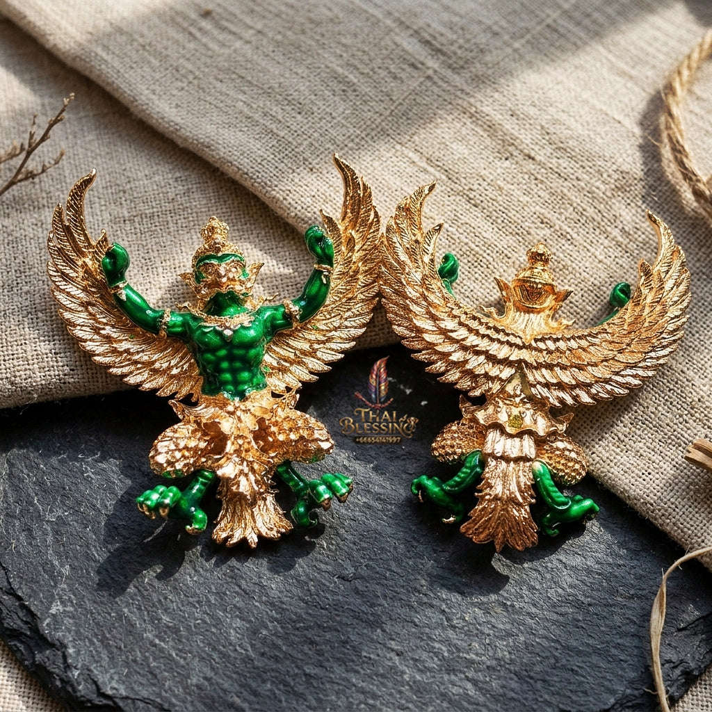 Authentic Thai Sacred Maha Phaya Krut (Garuda Power Statue) - Pink Gold Plated with Green Enamel Edition (Yot Ariya Sap Model) for Ultimate Power, Prestige & Wealth Attraction