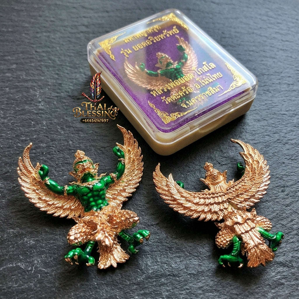 Authentic Thai Sacred Maha Phaya Krut (Garuda Power Statue) - Pink Gold Plated with Green Enamel Edition (Yot Ariya Sap Model) for Ultimate Power, Prestige & Wealth Attraction