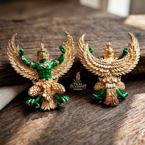 Authentic Thai Sacred Maha Phaya Krut (Garuda Power Statue) - Pink Gold Plated with Green Enamel Edition (Yot Ariya Sap Model) for Ultimate Power, Prestige & Wealth Attraction Thai Blessing Co By RURUECHA