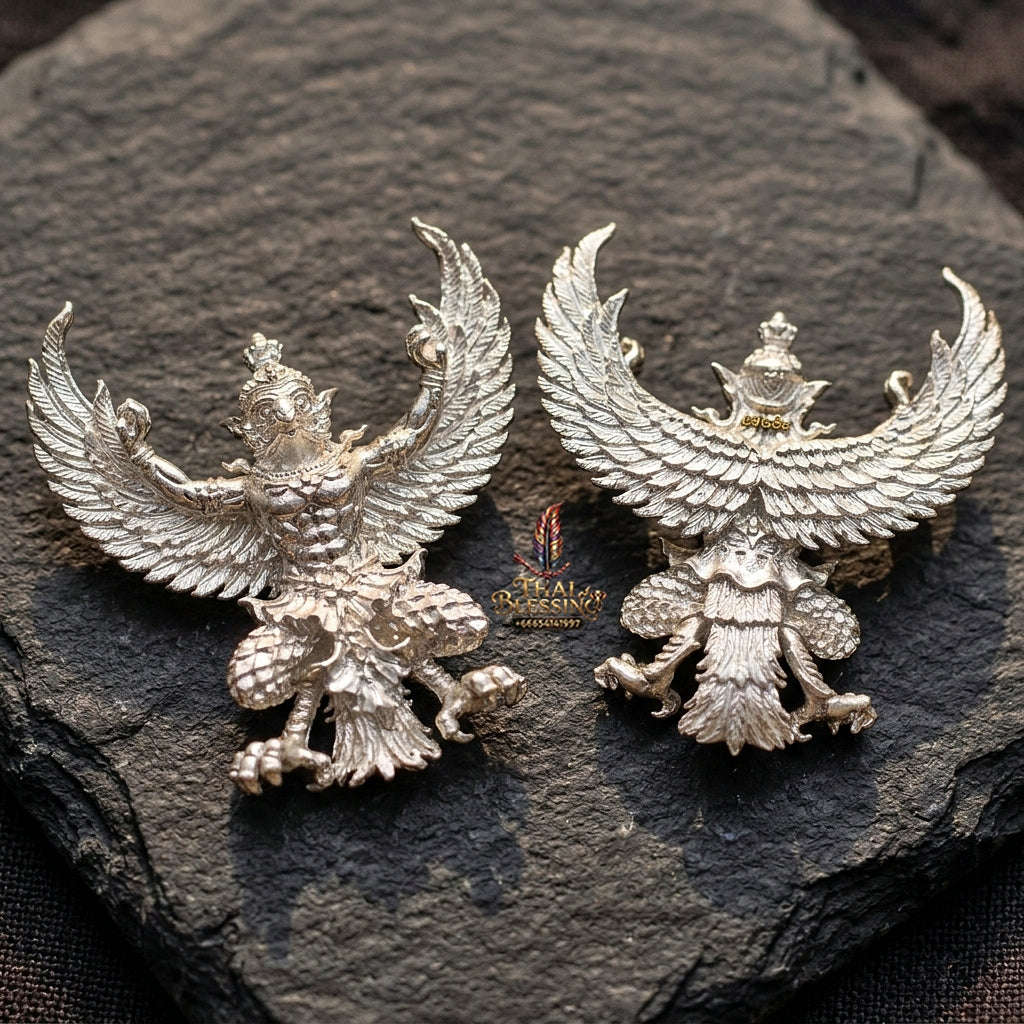 Authentic Thai Sacred Maha Phaya Krut (Garuda Power Statue) - Silver Plated Bronze Edition (Yot Ariya Sap Model) for Ultimate Power, Prestige & Wealth Attraction Thai Blessing Co By RURUECHA