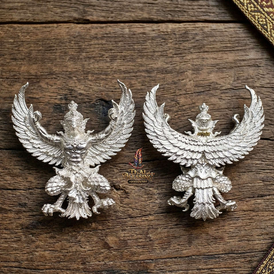 Authentic Thai Sacred Maha Phaya Krut (Garuda Power Statue) - Silver Plated Bronze Edition (Yot Ariya Sap Model) for Ultimate Power, Prestige & Wealth Attraction Thai Blessing Co By RURUECHA