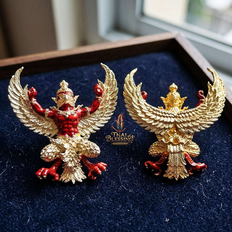 Authentic Thai Sacred Maha Phaya Krut (Garuda Power Statue) - Silver Plated with Red Enamel Edition (Yot Ariya Sap Model) for Ultimate Power, Prestige & Wealth Attraction Thai Blessing Co By RURUECHA
