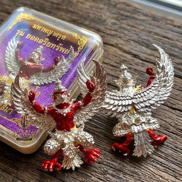 Authentic Thai Sacred Maha Phaya Krut (Garuda Power Statue) - Silver Plated with Red Enamel Edition (Yot Ariya Sap Model) for Ultimate Power, Prestige & Wealth Attraction Thai Blessing Co By RURUECHA