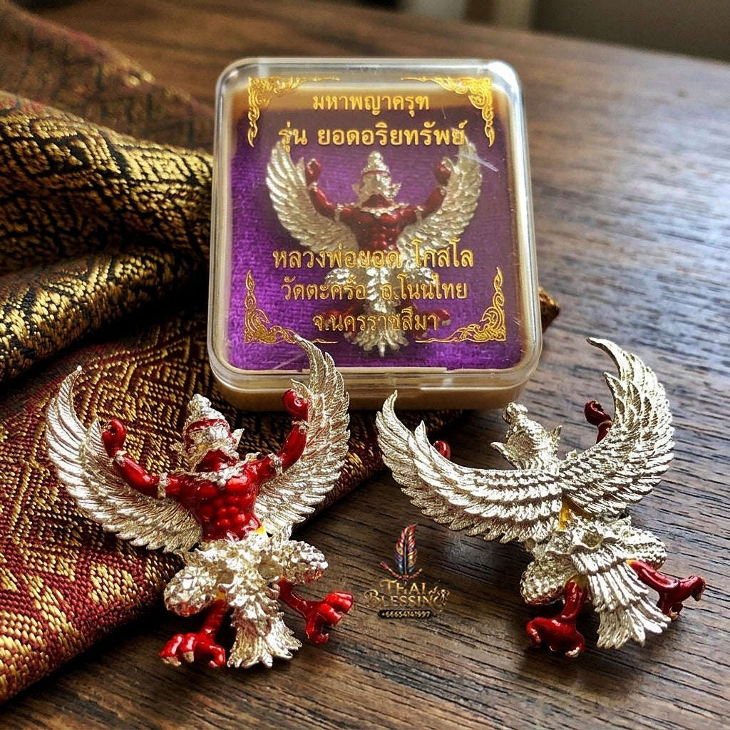 Authentic Thai Sacred Maha Phaya Krut (Garuda Power Statue) - Silver Plated with Red Enamel Edition (Yot Ariya Sap Model) for Ultimate Power, Prestige & Wealth Attraction Thai Blessing Co By RURUECHA