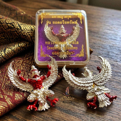 Authentic Thai Sacred Maha Phaya Krut (Garuda Power Statue) - Silver Plated with Red Enamel Edition (Yot Ariya Sap Model) for Ultimate Power, Prestige & Wealth Attraction Thai Blessing Co By RURUECHA
