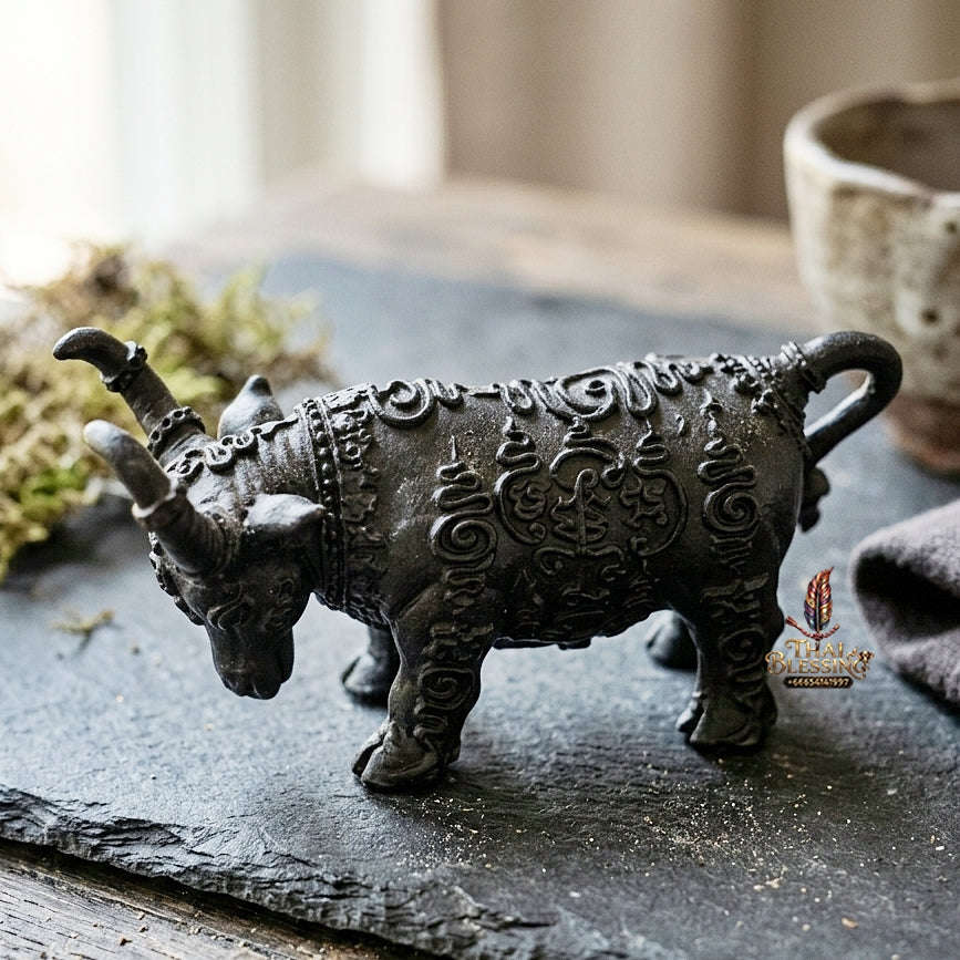 Authentic Thai Sacred Mahingsa Phokhasap (Kwai Thanu Sacred Guardian Buffalo) - Black Antiqued Metal for Ultimate Protection, Evil Shield & Wealth Attraction Thai Blessing Co By RURUECHA