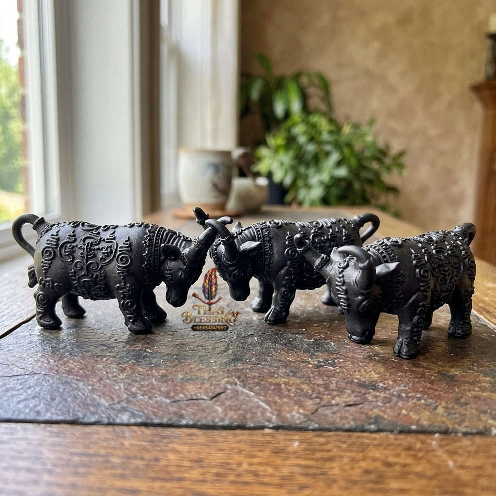 Authentic Thai Sacred Mahingsa Phokhasap (Kwai Thanu Sacred Guardian Buffalo) - Black Antiqued Metal for Ultimate Protection, Evil Shield & Wealth Attraction Thai Blessing Co By RURUECHA