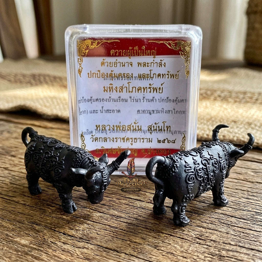 Authentic Thai Sacred Mahingsa Phokhasap (Kwai Thanu Sacred Guardian Buffalo) - Black Antiqued Metal for Ultimate Protection, Evil Shield & Wealth Attraction Thai Blessing Co By RURUECHA