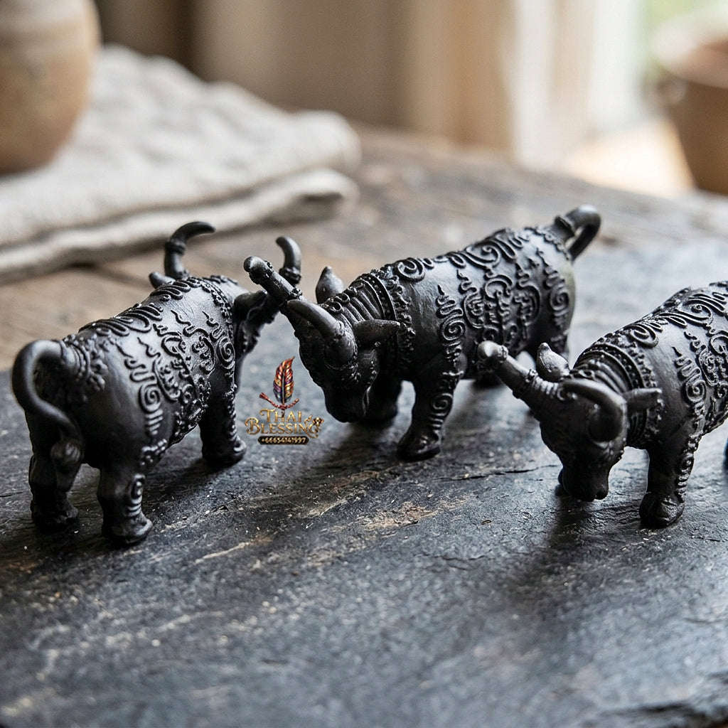 Authentic Thai Sacred Mahingsa Phokhasap (Kwai Thanu Sacred Guardian Buffalo) - Black Antiqued Metal for Ultimate Protection, Evil Shield & Wealth Attraction Thai Blessing Co By RURUECHA