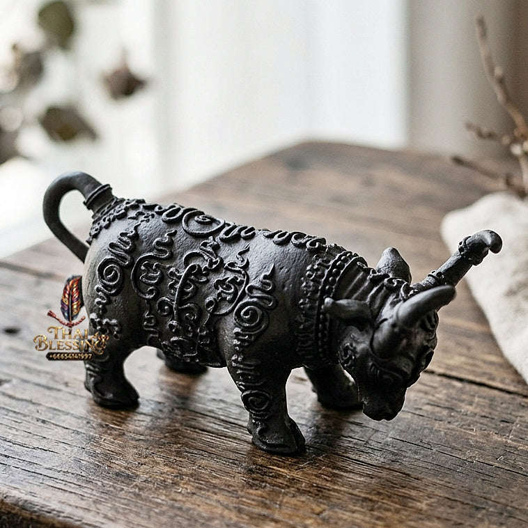 Authentic Thai Sacred Mahingsa Phokhasap (Kwai Thanu Sacred Guardian Buffalo) - Black Antiqued Metal for Ultimate Protection, Evil Shield & Wealth Attraction Thai Blessing Co By RURUECHA