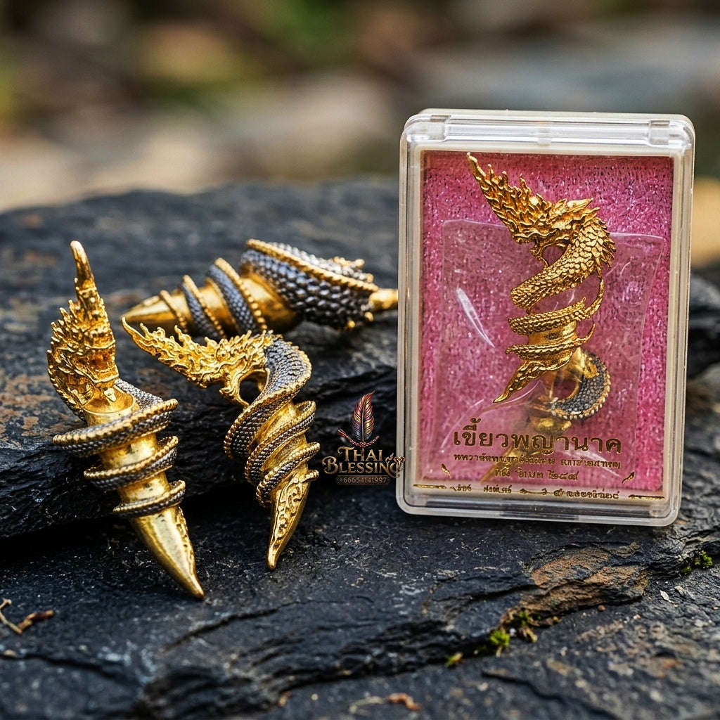 Authentic Thai Sacred Naga Fang Amulet "Udom Mongkhon Edition 2022" (Deva Brass 2K Gold Plated) by Phra Khru Wat Pa Luang, Wat Udom Maha Wan Thai Blessing Co By RURUECHA