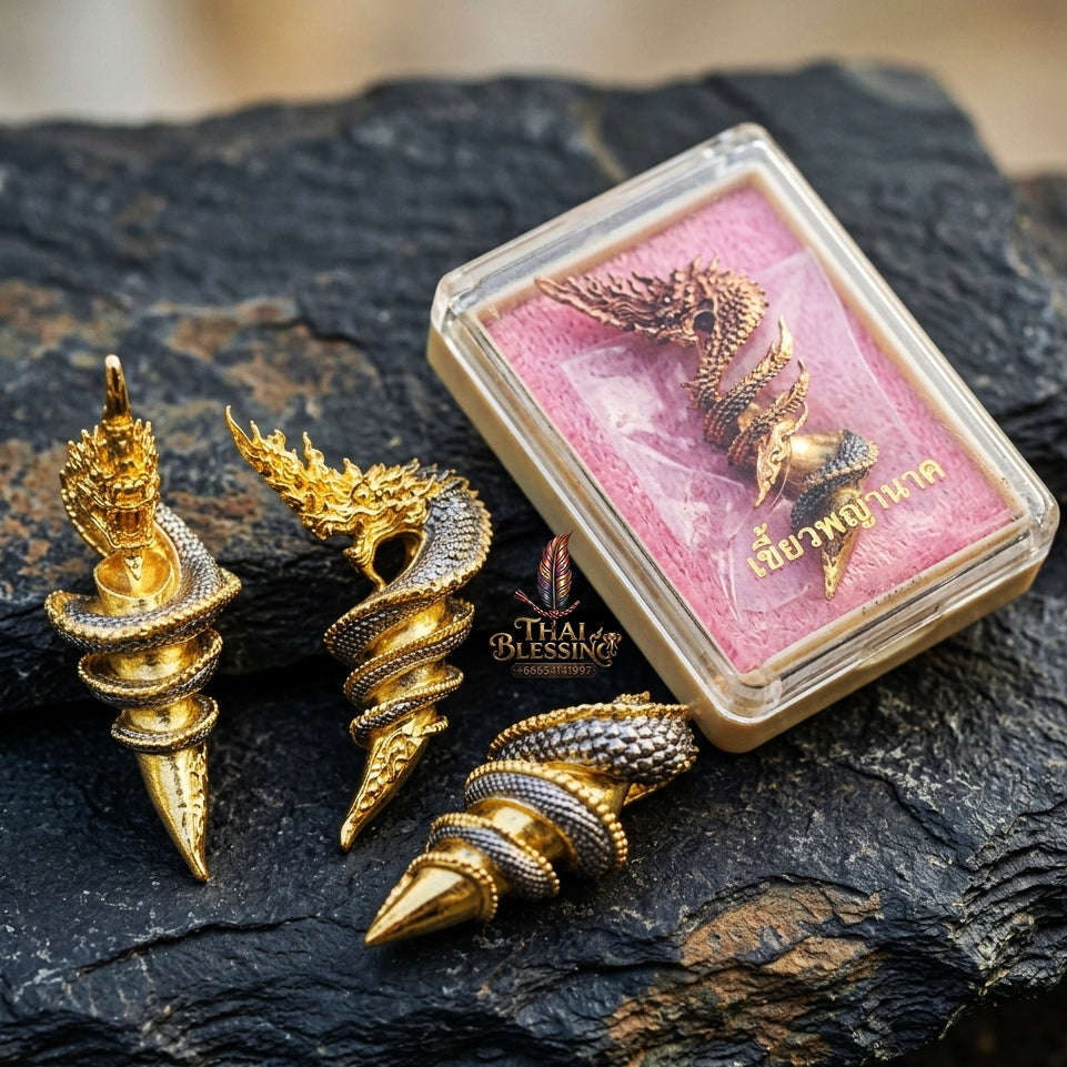 Authentic Thai Sacred Naga Fang Amulet "Udom Mongkhon Edition 2022" (Deva Brass 2K Gold Plated) by Phra Khru Wat Pa Luang, Wat Udom Maha Wan Thai Blessing Co By RURUECHA