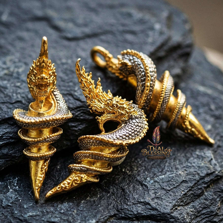 Authentic Thai Sacred Naga Fang Amulet "Udom Mongkhon Edition 2022" (Deva Brass 2K Gold Plated) by Phra Khru Wat Pa Luang, Wat Udom Maha Wan Thai Blessing Co By RURUECHA