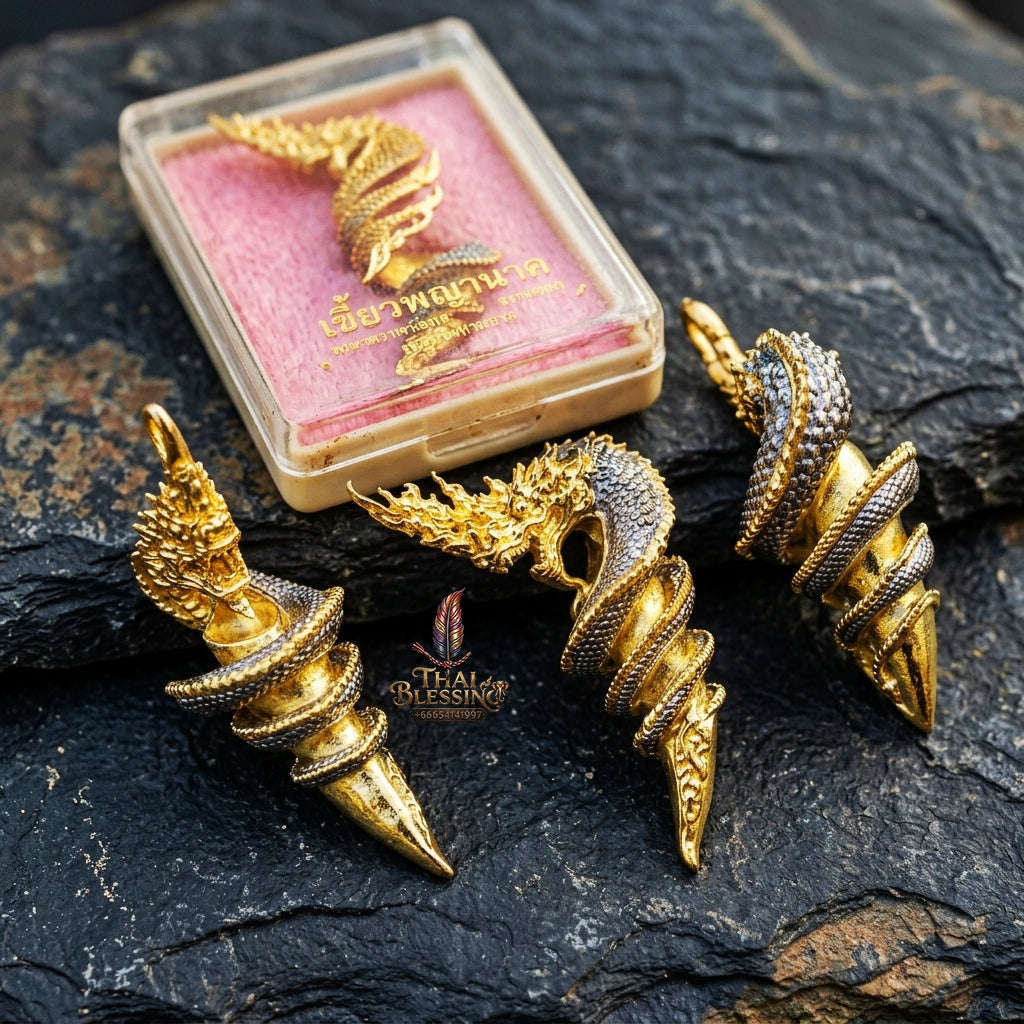 Authentic Thai Sacred Naga Fang Amulet "Udom Mongkhon Edition 2022" (Deva Brass 2K Gold Plated) by Phra Khru Wat Pa Luang, Wat Udom Maha Wan Thai Blessing Co By RURUECHA