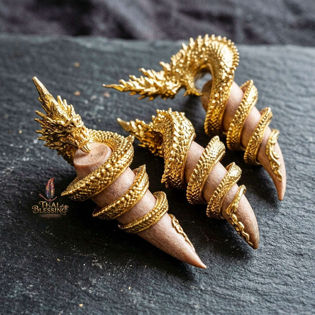 Authentic Thai Sacred Naga Fang Amulet "Udom Mongkhon Edition 2022" (Deva Brass 2K Gold Plated) Thai Blessing Co By RURUECHA