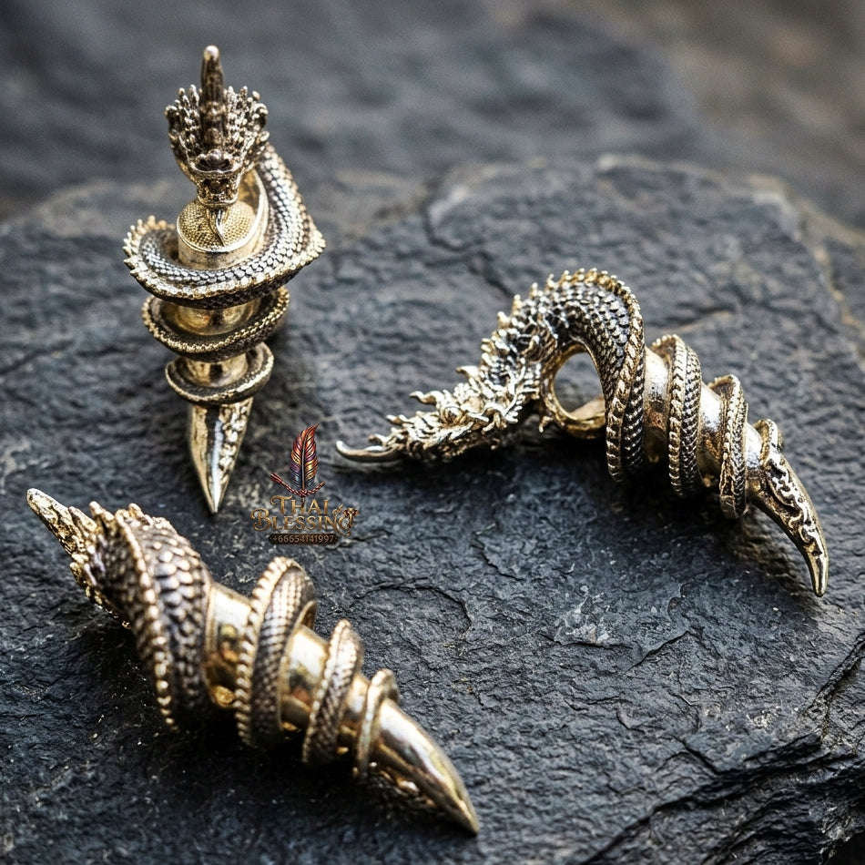 Authentic Thai Sacred Naga Fang Amulet "Udom Mongkhon Edition 2022" (Deva Brass 2K Gold Plated) Thai Blessing Co By RURUECHA