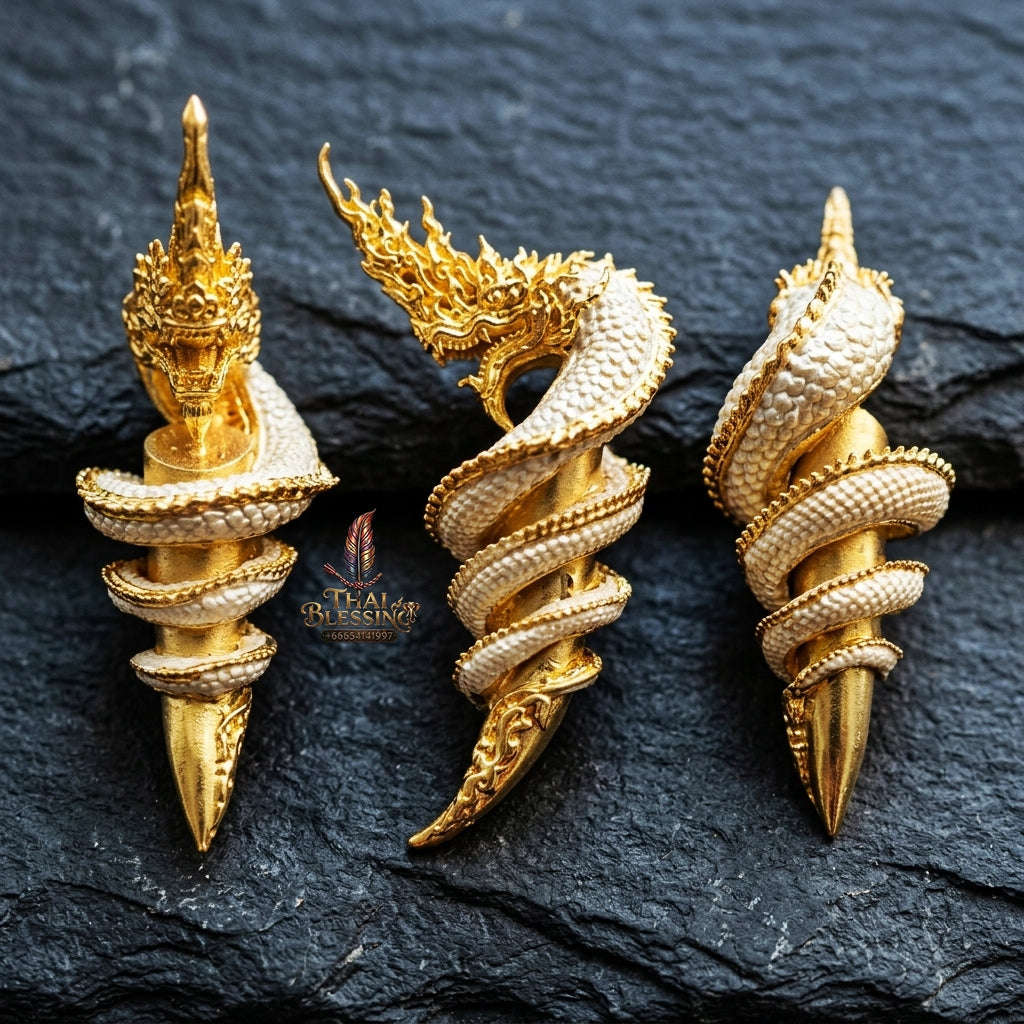 Authentic Thai Sacred Naga Fang Amulet "Udom Mongkhon Edition 2022" (Deva Brass 2K Gold Plated) Thai Blessing Co By RURUECHA