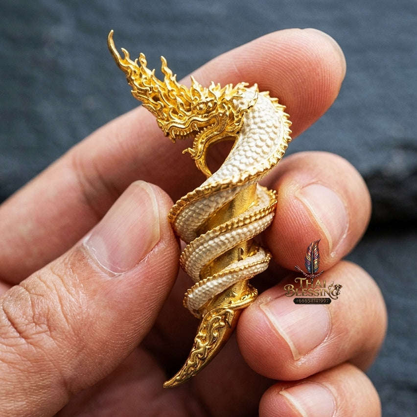 Authentic Thai Sacred Naga Fang Amulet "Udom Mongkhon Edition 2022" (Deva Brass 2K Gold Plated) Thai Blessing Co By RURUECHA
