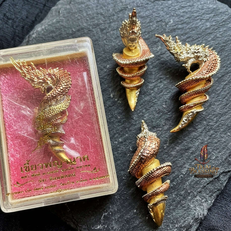 Authentic Thai Sacred Naga Fang Amulet "Udom Mongkhon Edition 2022" (Deva Brass 3K Gold Plated) Thai Blessing Co By RURUECHA