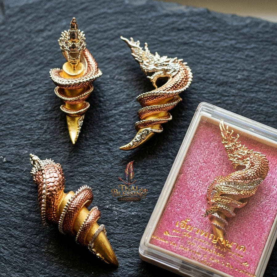 Authentic Thai Sacred Naga Fang Amulet "Udom Mongkhon Edition 2022" (Deva Brass 3K Gold Plated) Thai Blessing Co By RURUECHA