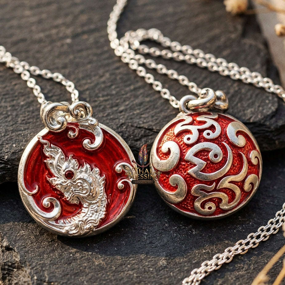 Authentic Thai Sacred Naga Medallion "Khum Sap Naka Mongkhon Wealth Pendant 2021" (Silver Finish & Crimson Enamel) Consecrated at Wat Thai