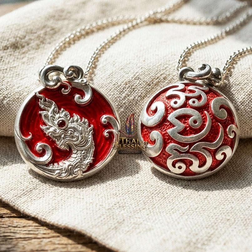 Authentic Thai Sacred Naga Medallion "Khum Sap Naka Mongkhon Wealth Pendant 2021" (Silver Finish & Crimson Enamel) Consecrated at Wat Thai