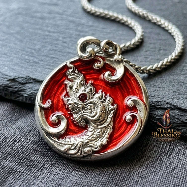 Authentic Thai Sacred Naga Medallion "Khum Sap Naka Mongkhon Wealth Pendant 2021" (Silver Finish & Crimson Enamel) Consecrated at Wat Thai