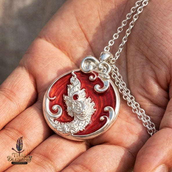 Authentic Thai Sacred Naga Medallion "Khum Sap Naka Mongkhon Wealth Pendant 2021" (Silver Finish & Crimson Enamel) Consecrated at Wat Thai
