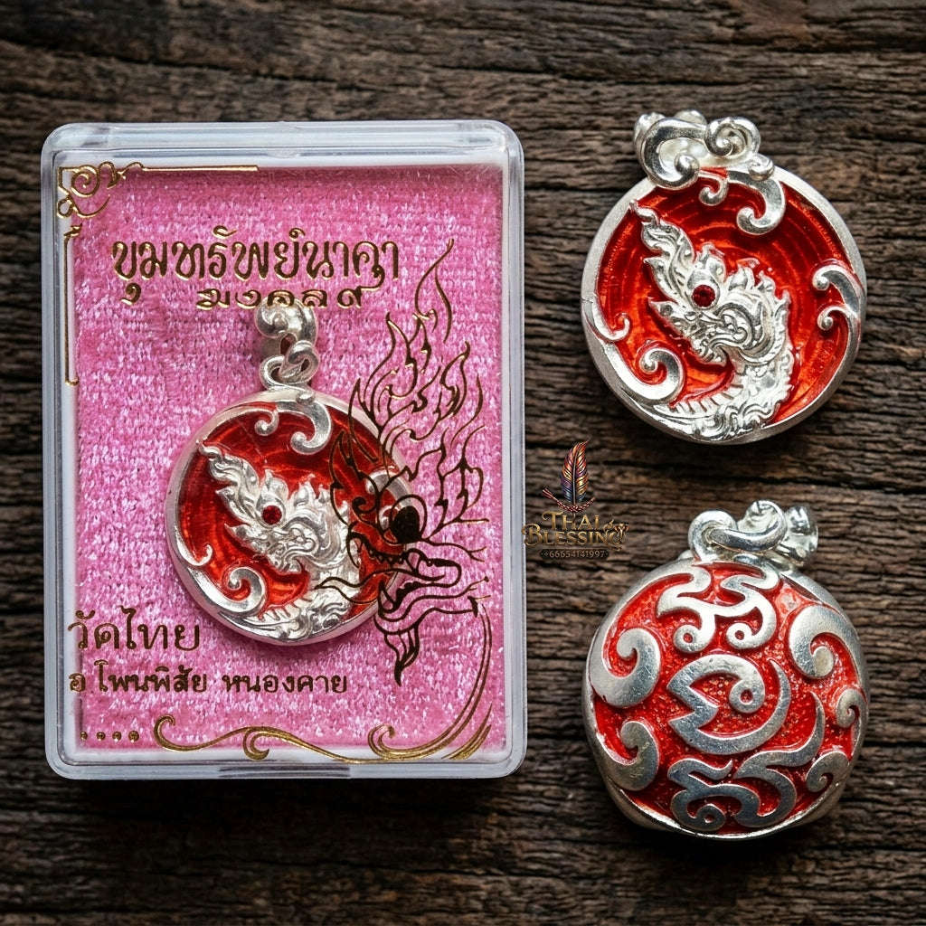 Authentic Thai Sacred Naga Medallion "Khum Sap Naka Mongkhon Wealth Pendant 2021" (Silver Finish & Crimson Enamel) Consecrated at Wat Thai