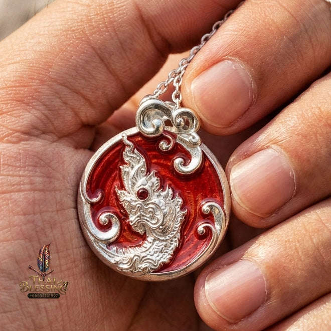 Authentic Thai Sacred Naga Medallion "Khum Sap Naka Mongkhon Wealth Pendant 2021" (Silver Finish & Crimson Enamel) Consecrated at Wat Thai