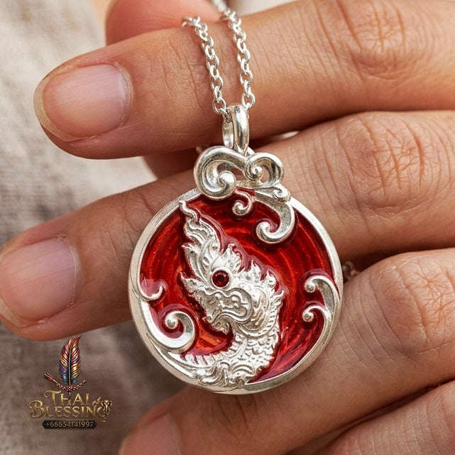 Authentic Thai Sacred Naga Medallion "Khum Sap Naka Mongkhon Wealth Pendant 2021" (Silver Finish & Crimson Enamel) Consecrated at Wat Thai