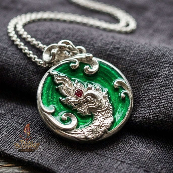 Authentic Thai Sacred Naga Medallion "Khum Sap Naka Mongkhon Wealth Pendant 2021" (Silver Finish & Emerald Green Enamel) Consecrated at Wat Thai